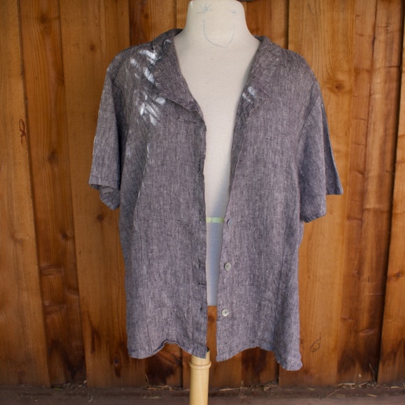 Flax 100% Linen Charcoal Grey Short Sleeve Button Down Blouse - Picture 3 of 14